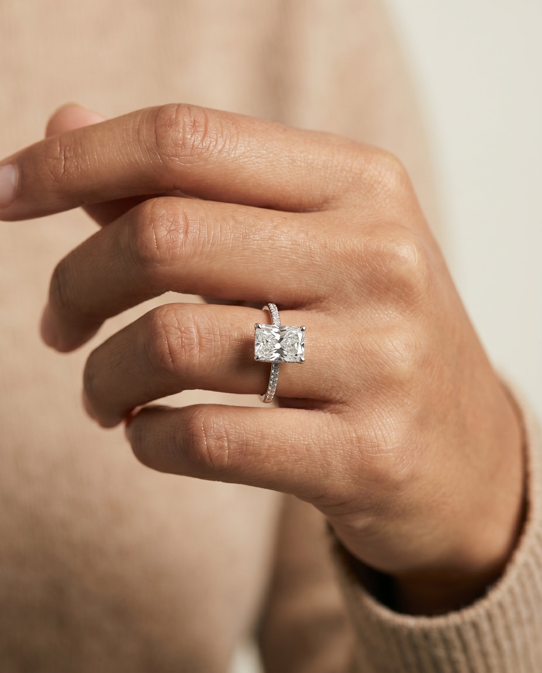 Brenda Select High Hidden Halo Solitaire Radiant Cut Lab Diamond Engagement Ring in 18K White Gold, shown on hand | RockHer