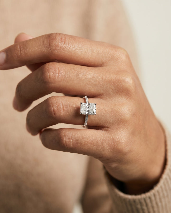 Brenda Select High Hidden Halo Solitaire Radiant Cut Lab Diamond Engagement Ring in 18K White Gold, shown on hand | RockHer
