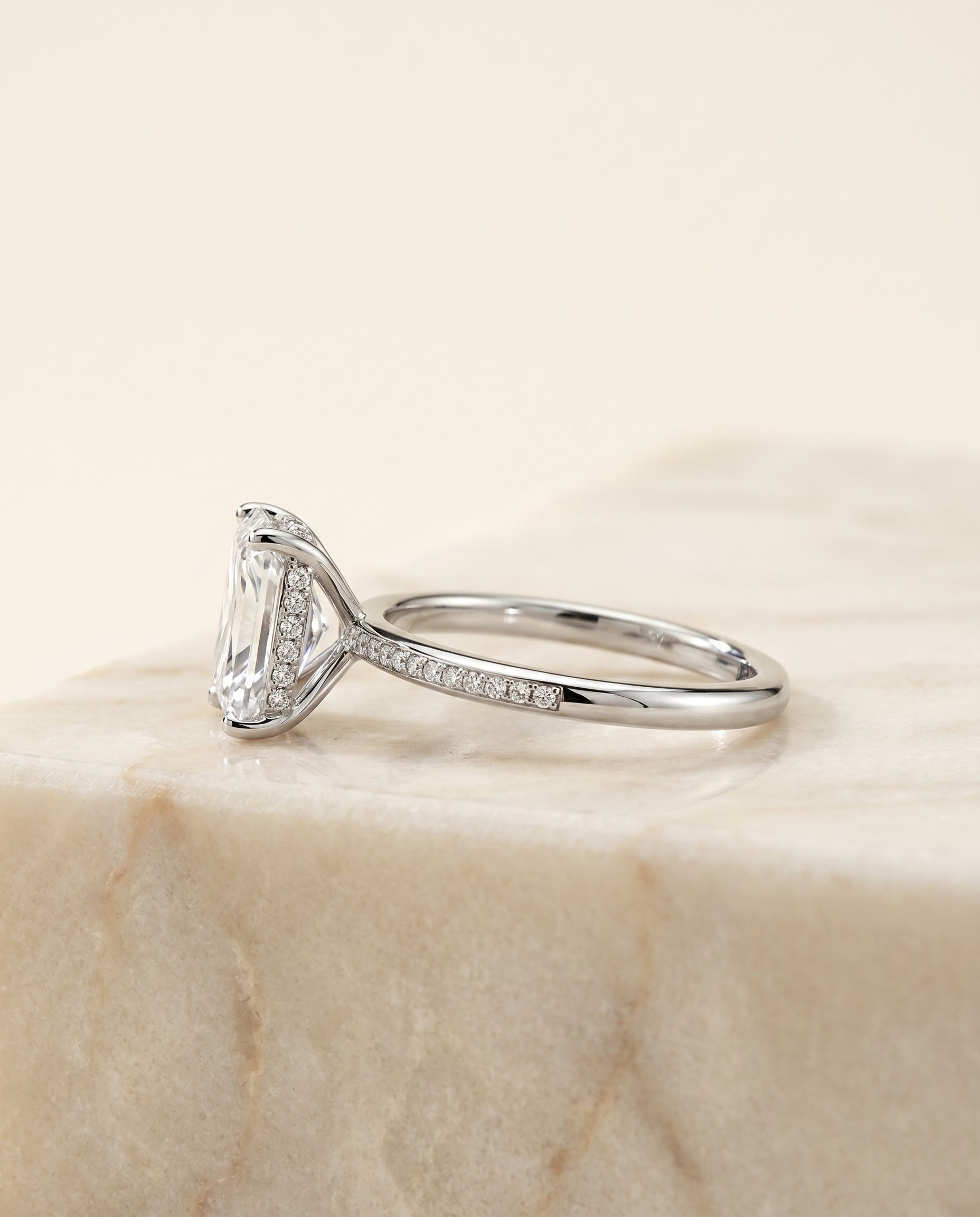 Brenda Select High Hidden Halo Solitaire Radiant Cut Lab Diamond Engagement Ring in 18K White Gold, side view | RockHer
