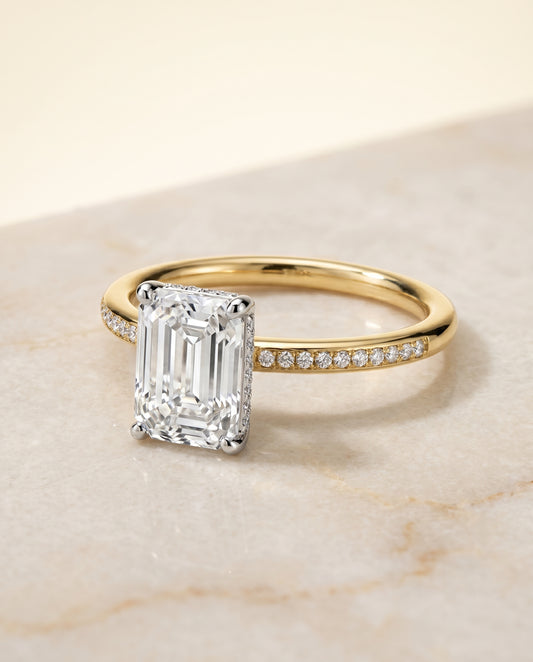 The Brenda Hidden Halo Solitaire Engagement Ring Setting for Emerald Cut Diamonds in 18K Yellow Gold | RockHer