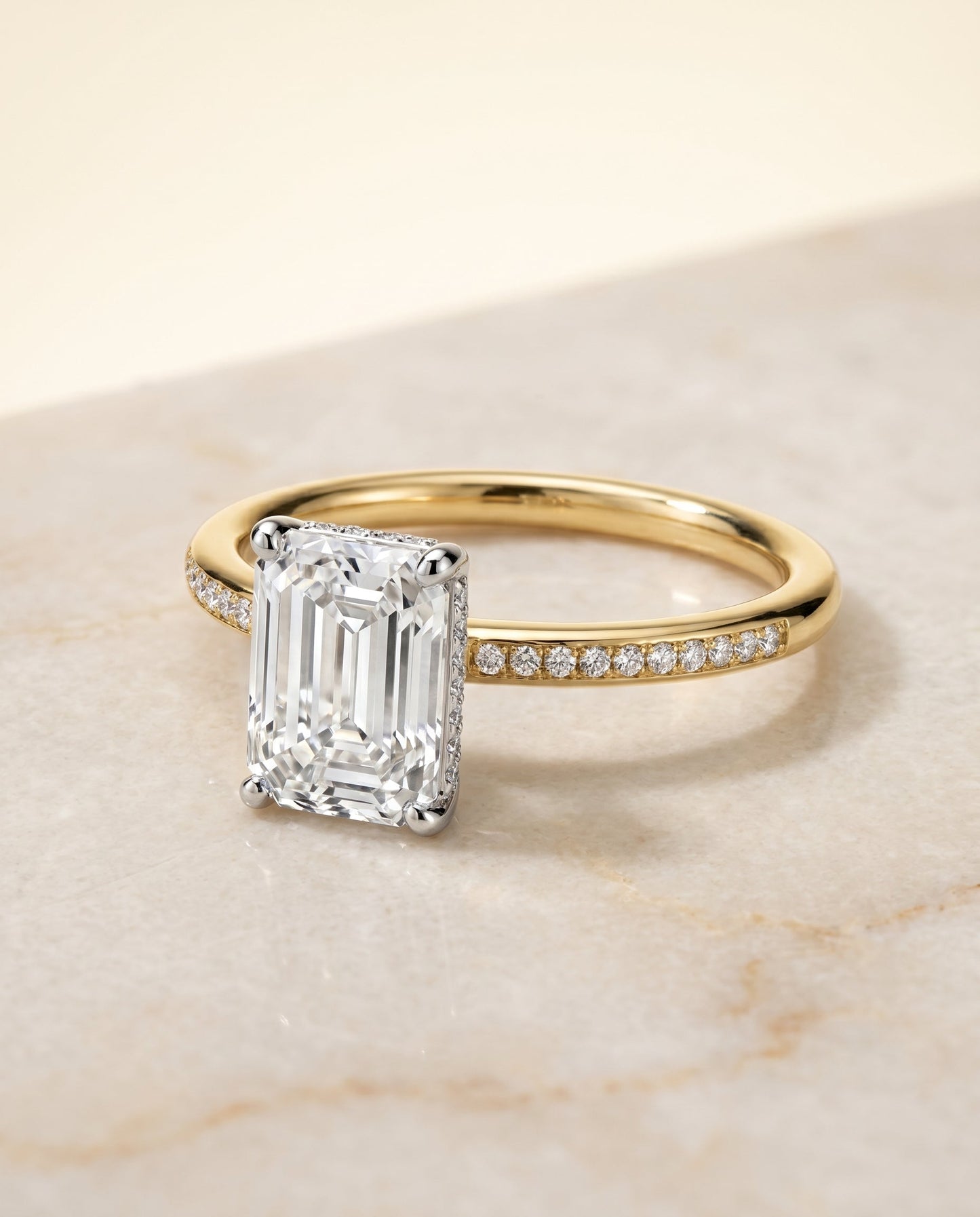 The Brenda Select High Hidden Halo Solitaire Emerald Cut Engagement Ring with Lab Diamond in 14K Yellow Gold — view 1