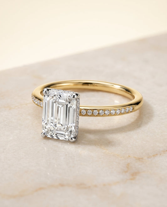 The Brenda Select High Hidden Halo Solitaire Emerald Cut Engagement Ring with Lab Diamond in 14K Yellow Gold — view 1