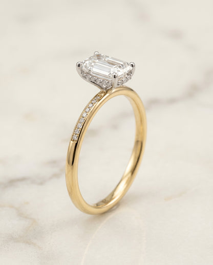 The Brenda High Hidden Halo Solitaire Emerald Cut Engagement Ring Setting in 18K Yellow Gold