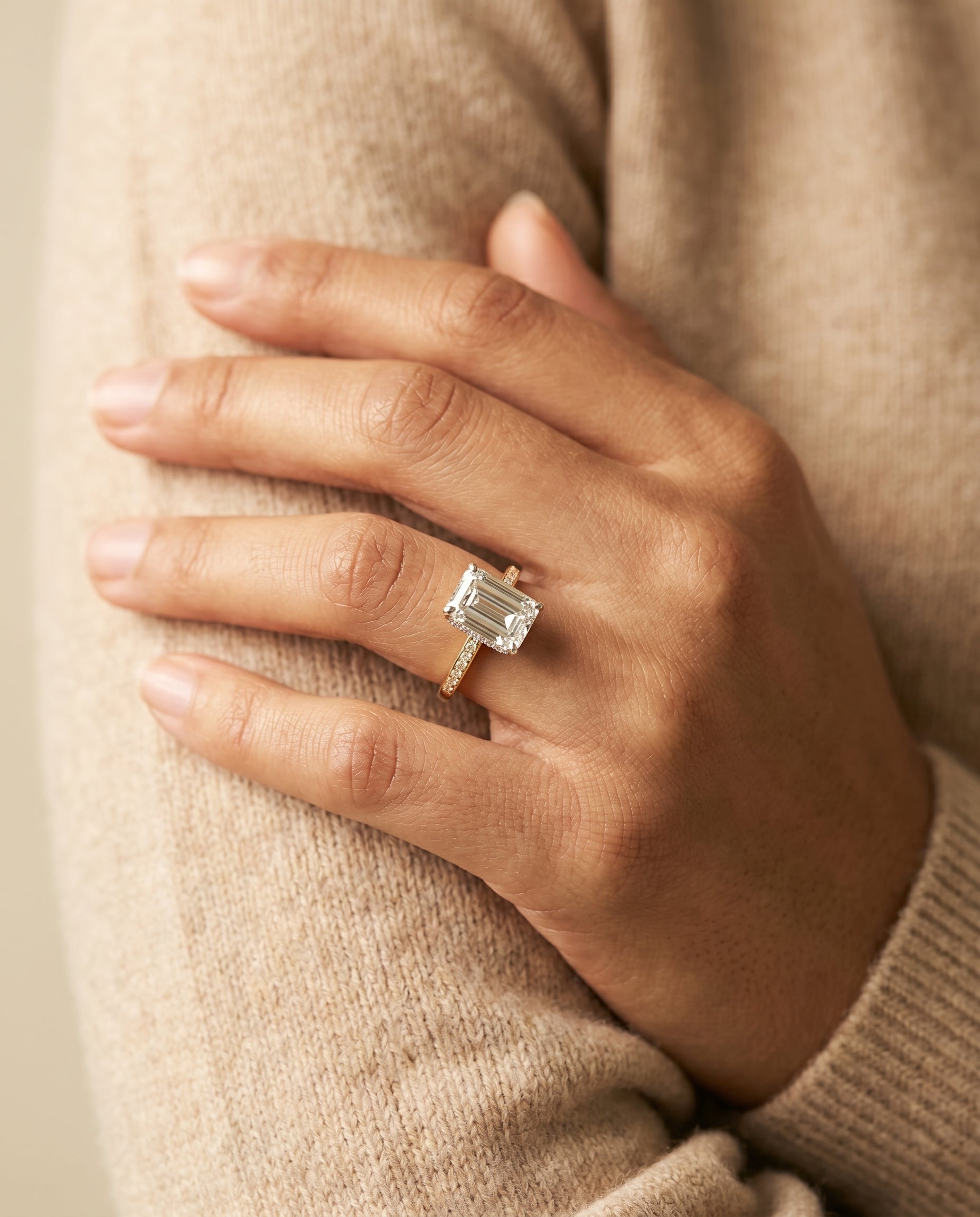 The Brenda engagement ring setting in 18K Yellow Gold, high hidden halo solitaire cut design | RockHer