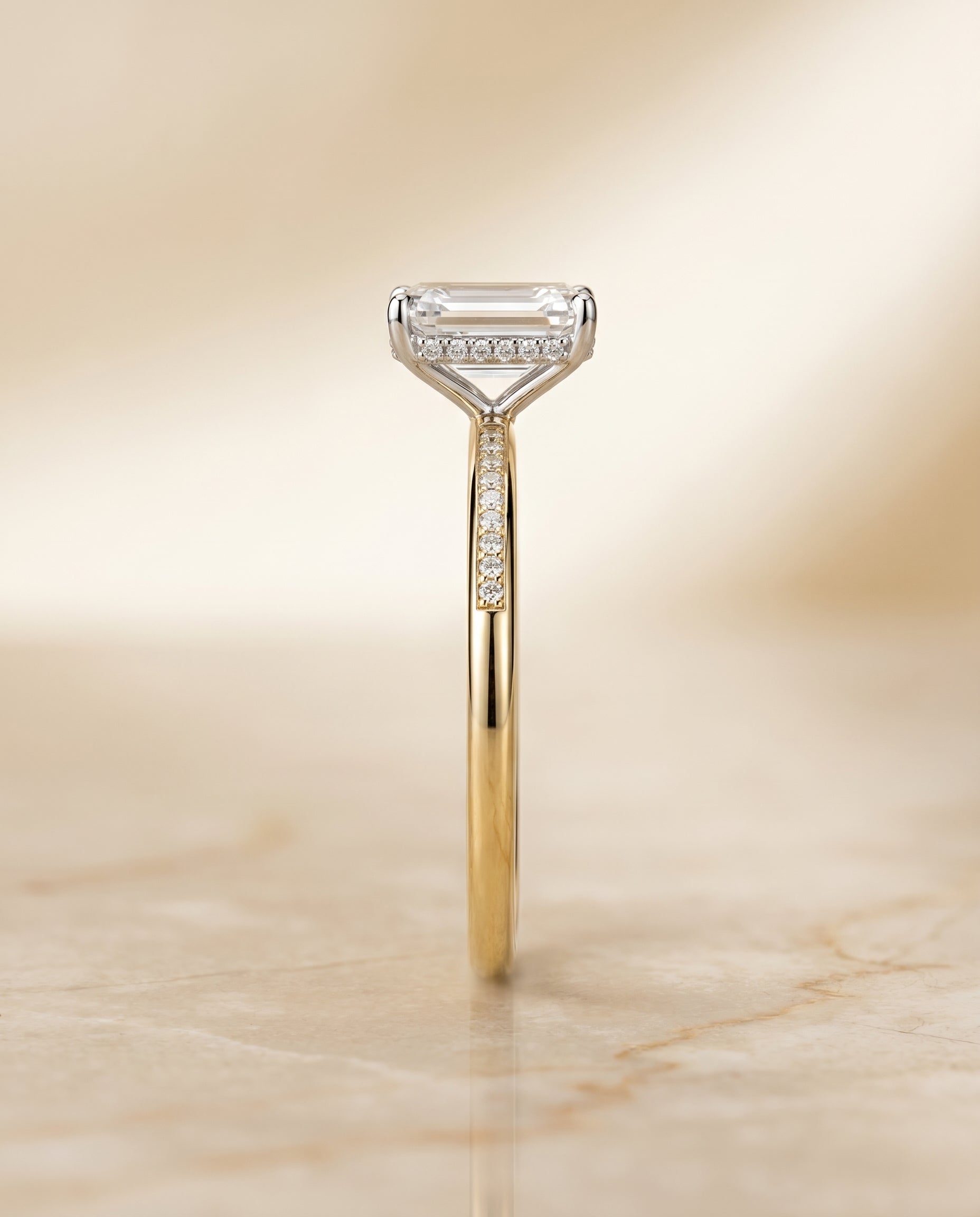 The Brenda high hidden halo solitaire cut engagement ring setting, shown in 18K Yellow Gold | RockHer