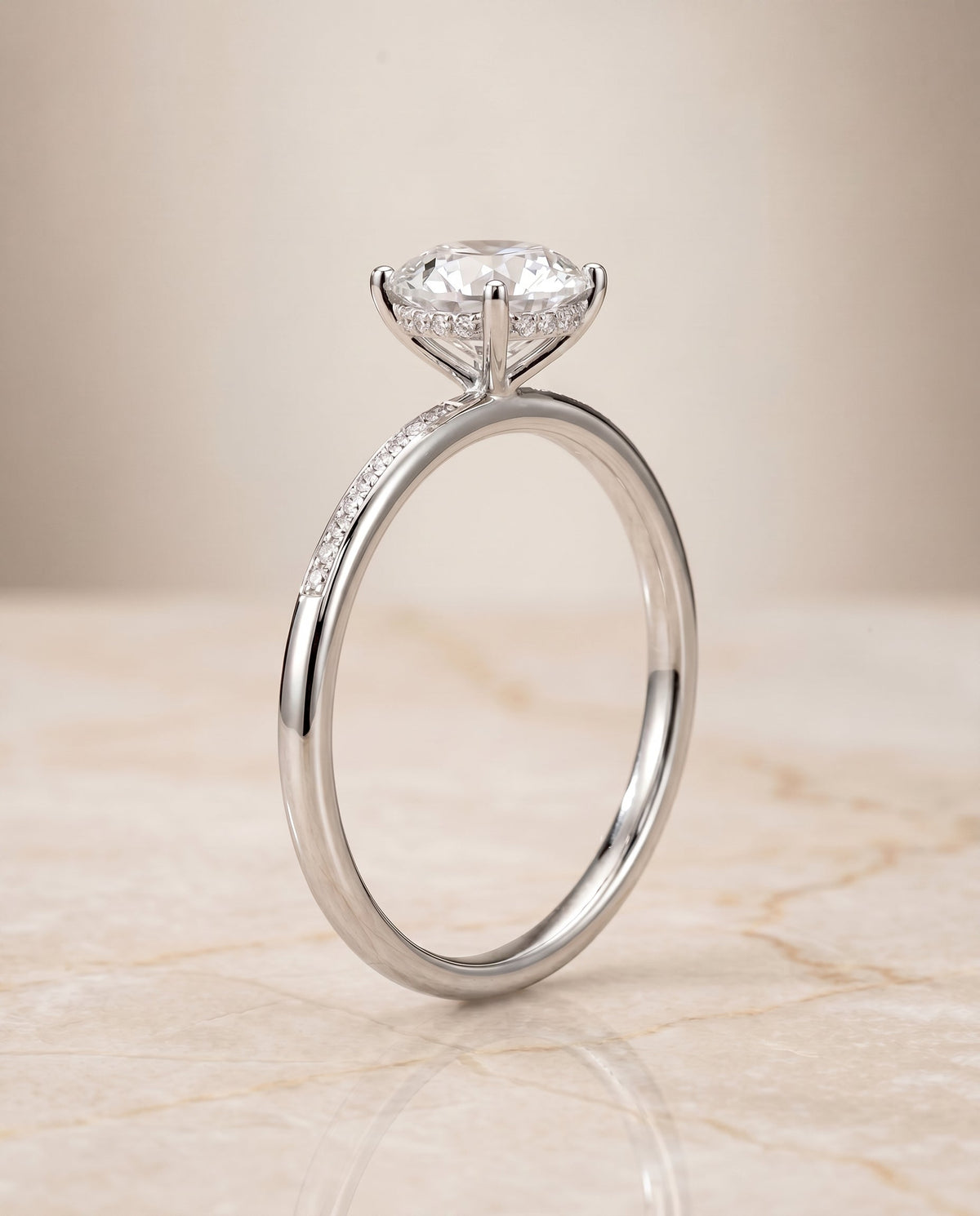 Brenda Select High Hidden Halo Solitaire Round Lab Diamond Engagement Ring in 18K White Gold, alternate angle | RockHer