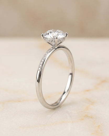 The Brenda High Hidden Halo Solitaire Round Engagement Ring Setting in 18K White Gold