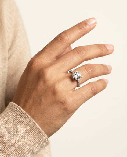 The Brenda High Hidden Halo Solitaire Round Engagement Ring Setting in 18K White Gold
