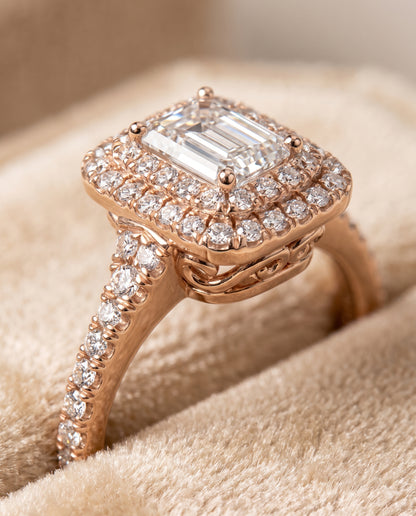 The Britney Double Halo Emerald Cut Engagement Ring Setting in 14K Rose Gold
