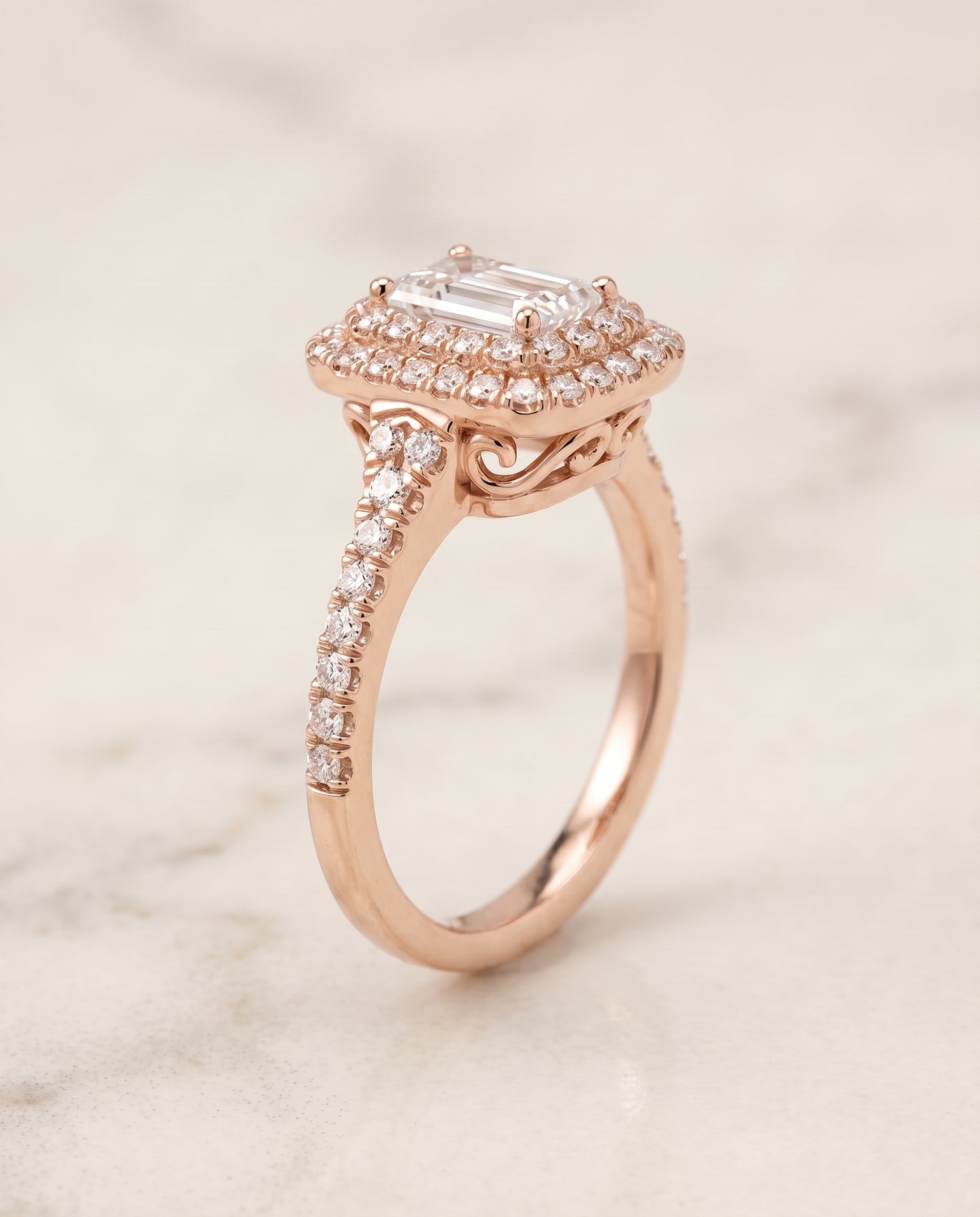 The Britney Double Halo Emerald Cut Engagement Ring Setting in 14K Rose Gold