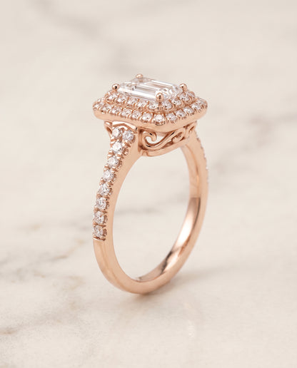 The Britney Double Halo Emerald Cut Engagement Ring Setting in 14K Rose Gold