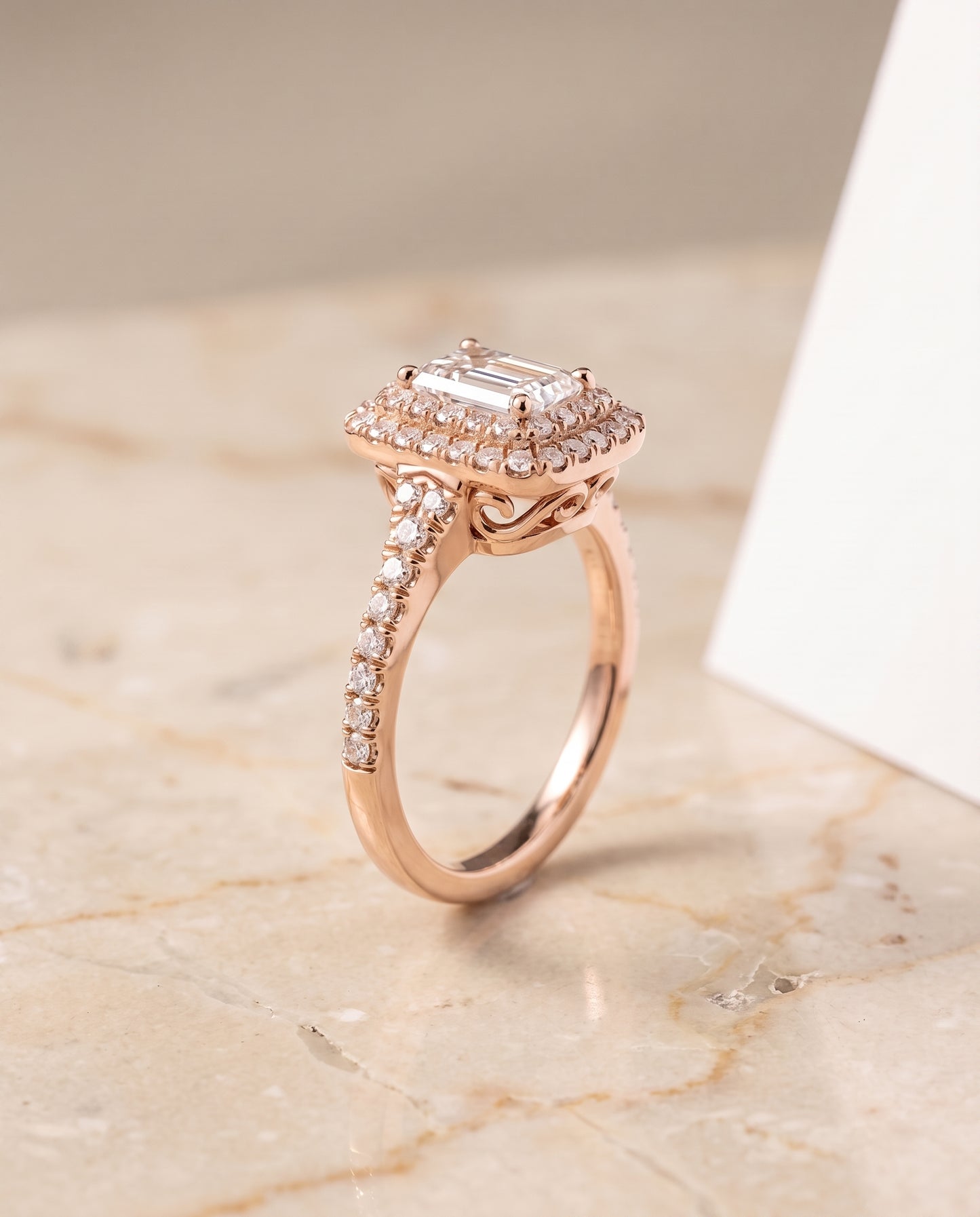 The Britney Double Halo Emerald Cut Engagement Ring Setting in 14K Rose Gold