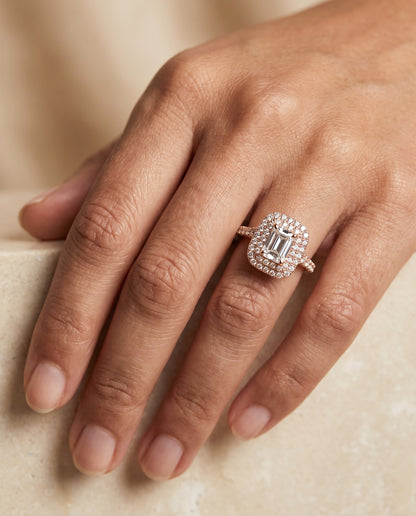The Britney Double Halo Emerald Cut Engagement Ring Setting in 14K Rose Gold