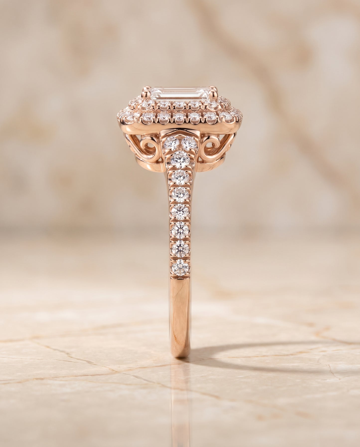 The Britney Double Halo Emerald Cut Engagement Ring Setting in 14K Rose Gold