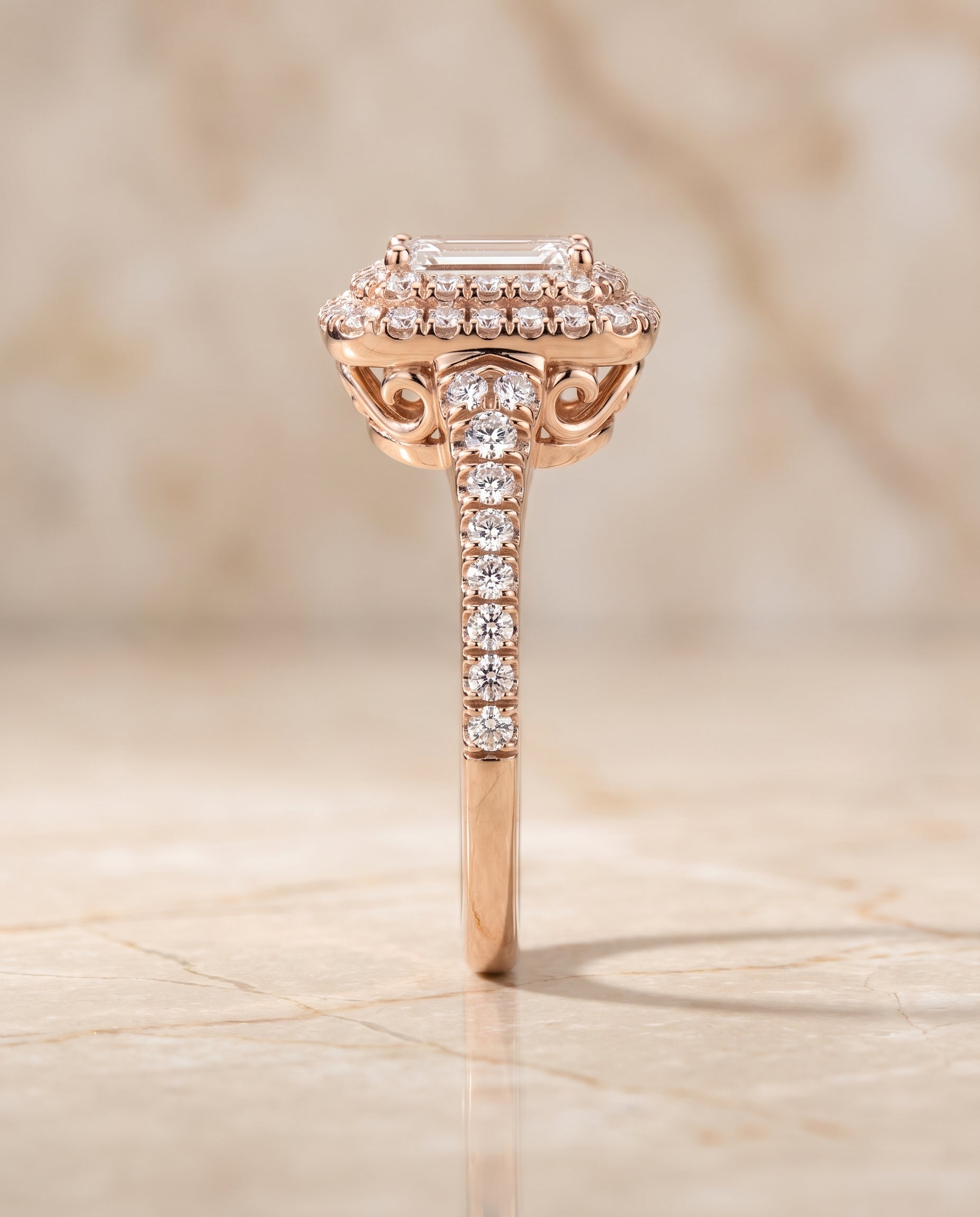 The Britney Double Halo Emerald Cut Engagement Ring Setting in 14K Rose Gold