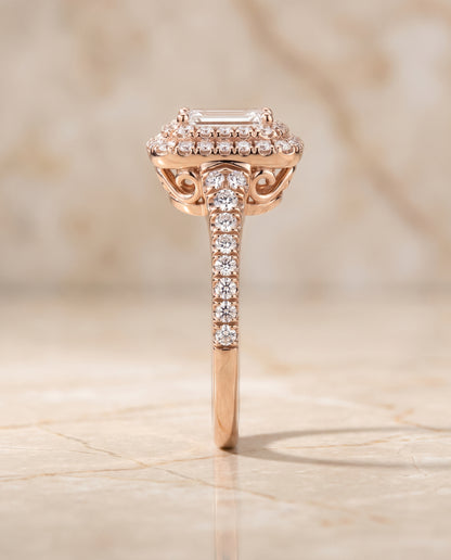 The Britney Double Halo Emerald Cut Engagement Ring Setting in 14K Rose Gold