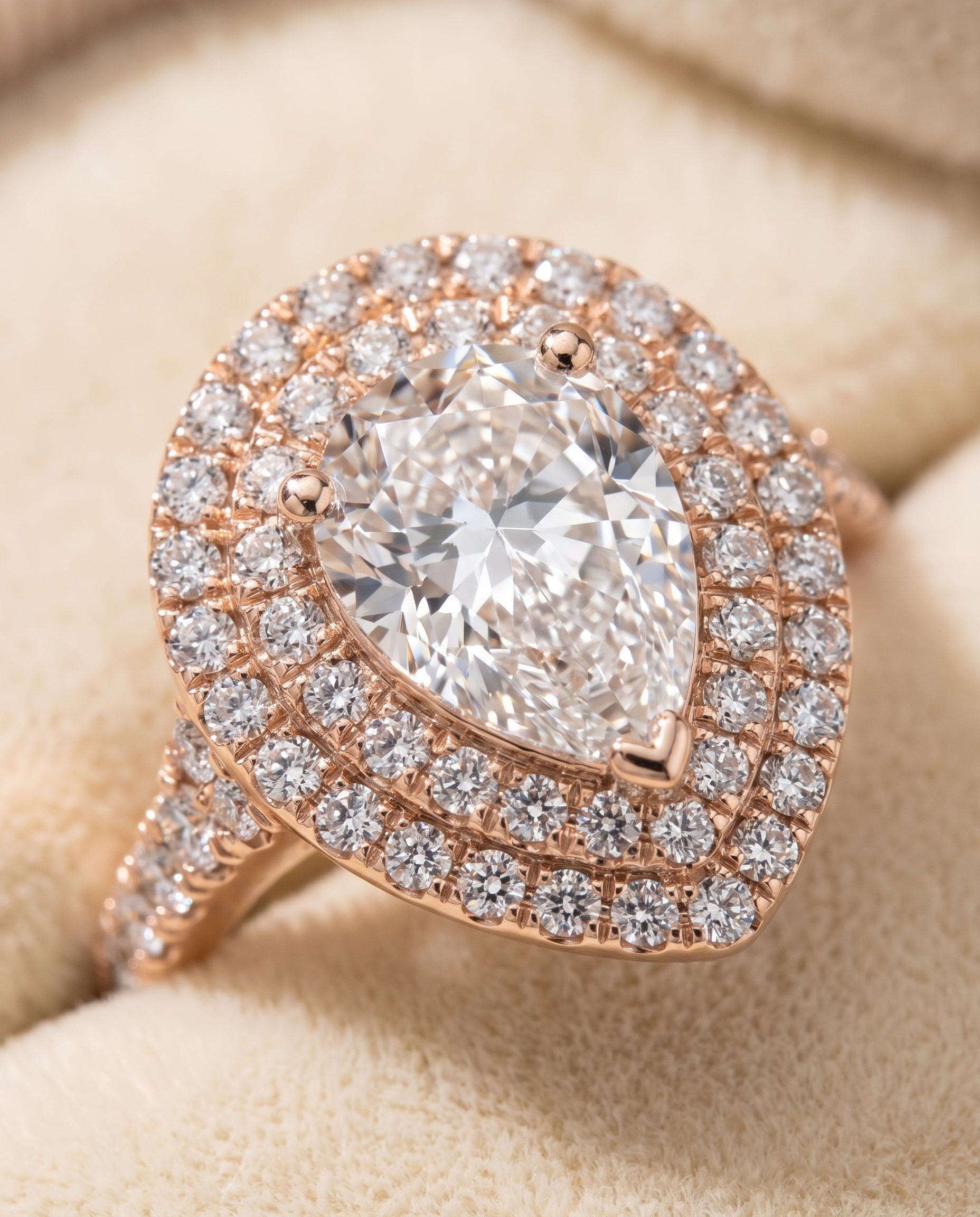 The Britney Double Halo Pear Engagement Ring Setting in 14K Rose Gold