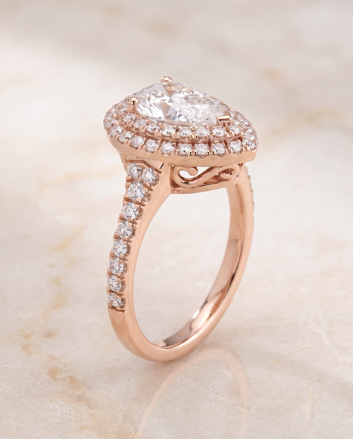 The Britney Double Halo Pear Engagement Ring Setting in 14K Rose Gold