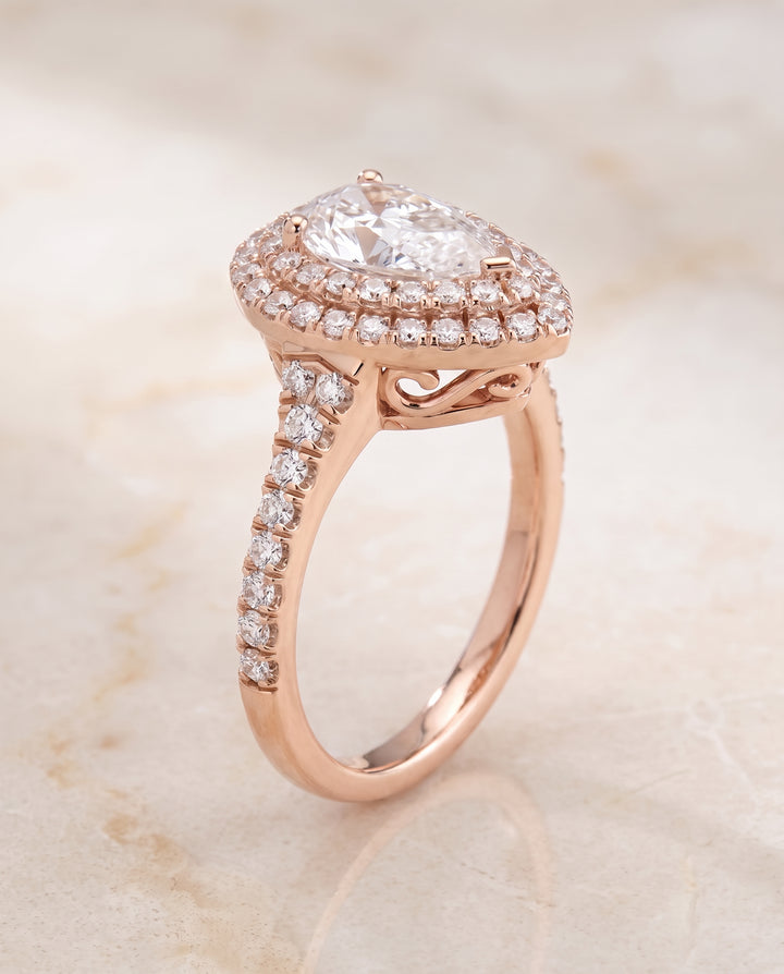 The Britney Double Halo Pear Engagement Ring Setting in 14K Rose Gold