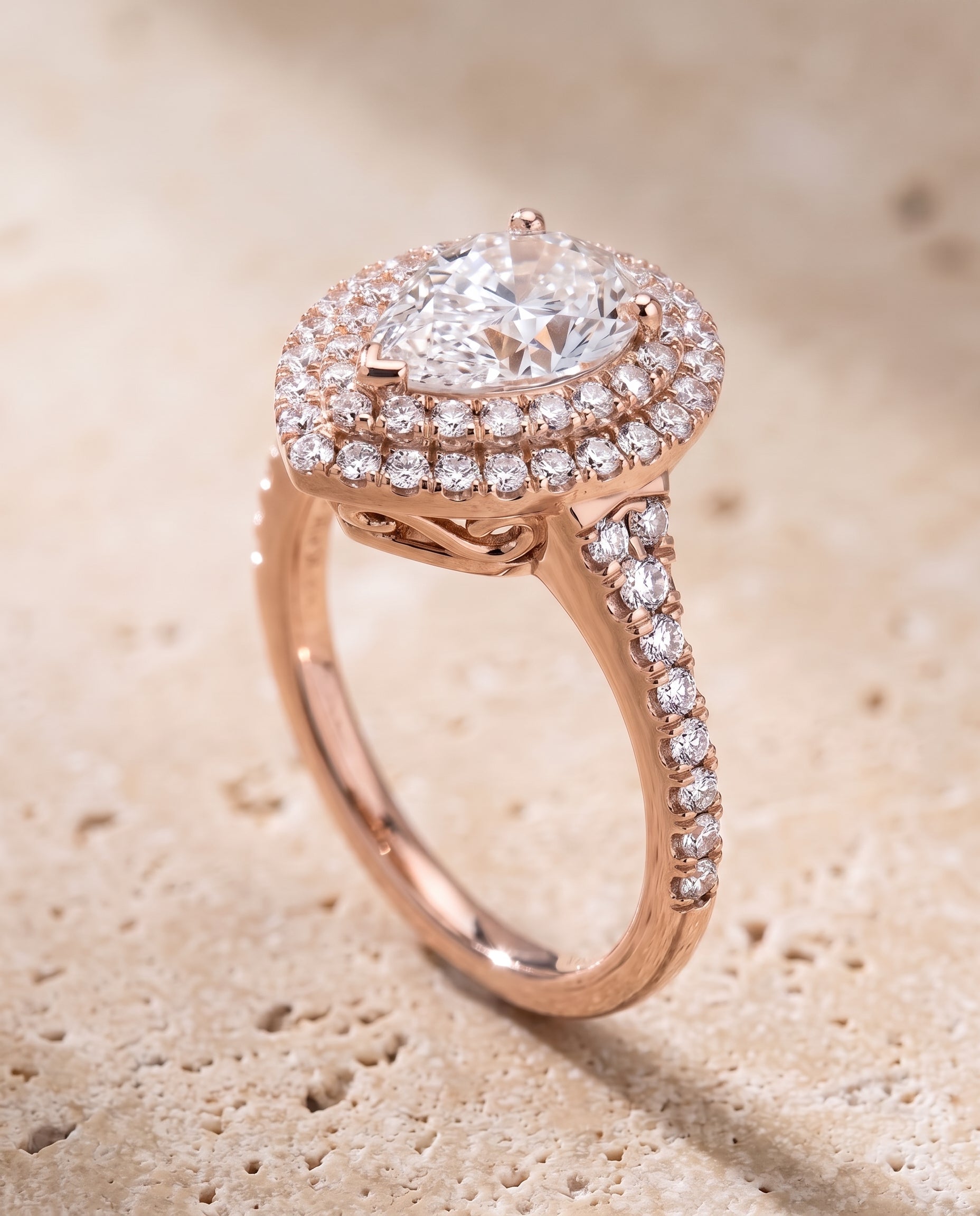 The Britney Double Halo Pear Engagement Ring Setting in 14K Rose Gold