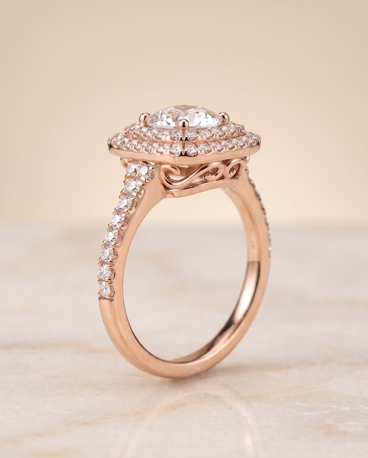 The Britney Double Halo Round Engagement Ring Setting in 14K Rose Gold