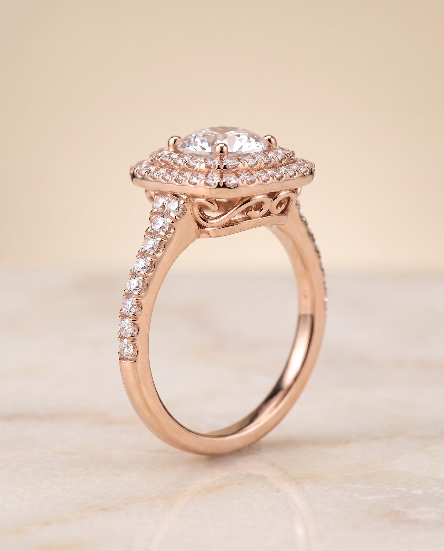 Double Halo styling on The Britney round engagement ring setting | RockHer