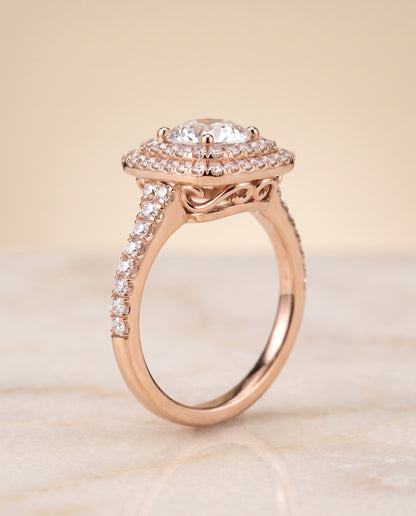 The Britney Double Halo Round Engagement Ring Setting in 14K Rose Gold