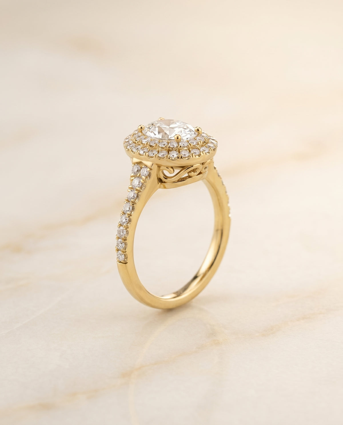 The Britney Scalloped Pavé Halo Engagement Ring Setting for Oval Diamonds in 18K Yellow Gold | RockHer