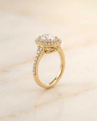 The Britney Scalloped Pavé Halo Engagement Ring Setting for Oval Diamonds in 18K Yellow Gold | RockHer