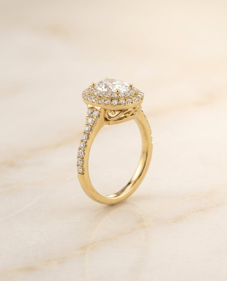 The Britney Select Double Halo Oval Lab Diamond Engagement Ring in 18K Yellow Gold