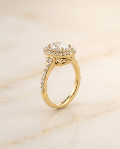 Britney Select Double Halo Oval Lab Diamond Engagement Ring in 14K Yellow Gold, alternate angle | RockHer
