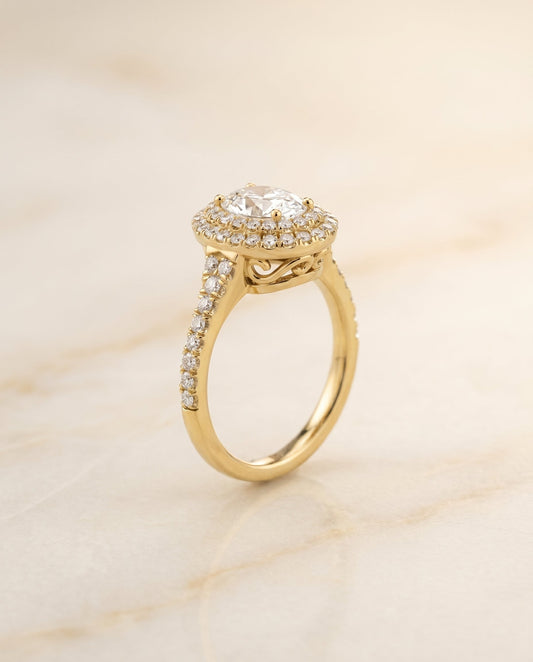 Britney Select Double Scalloped Pave Halo Oval in 18K Yellow Gold – view 1