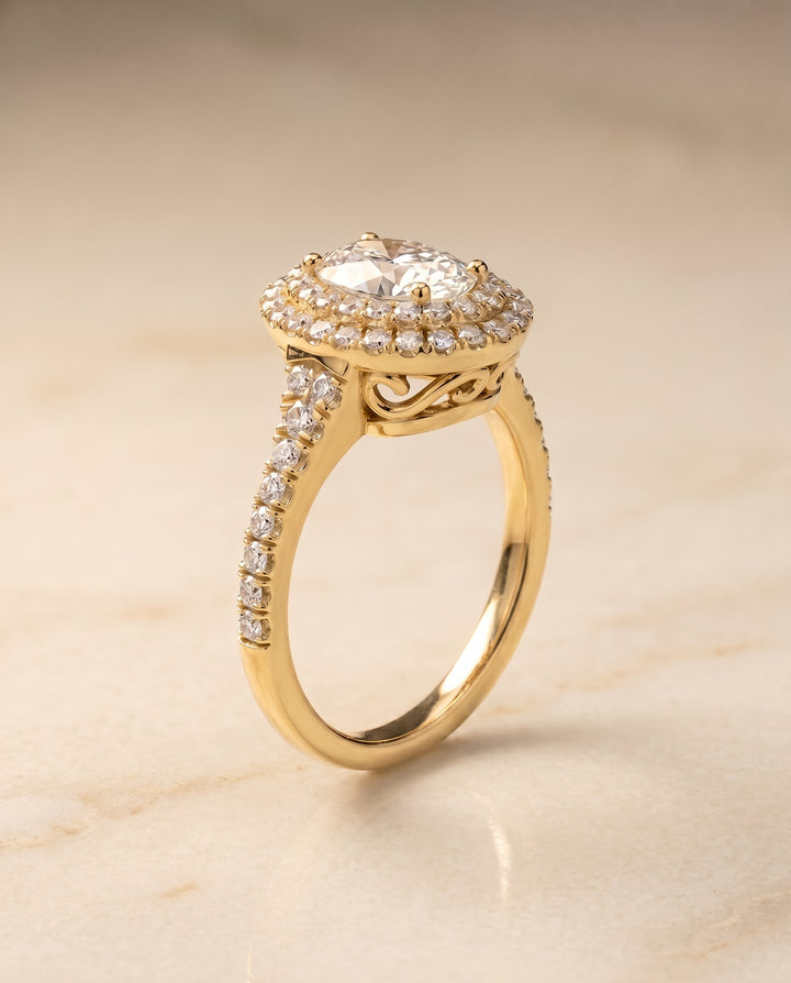 The Britney Scalloped Pavé Halo Engagement Ring Setting for Oval Diamonds in 18K Yellow Gold