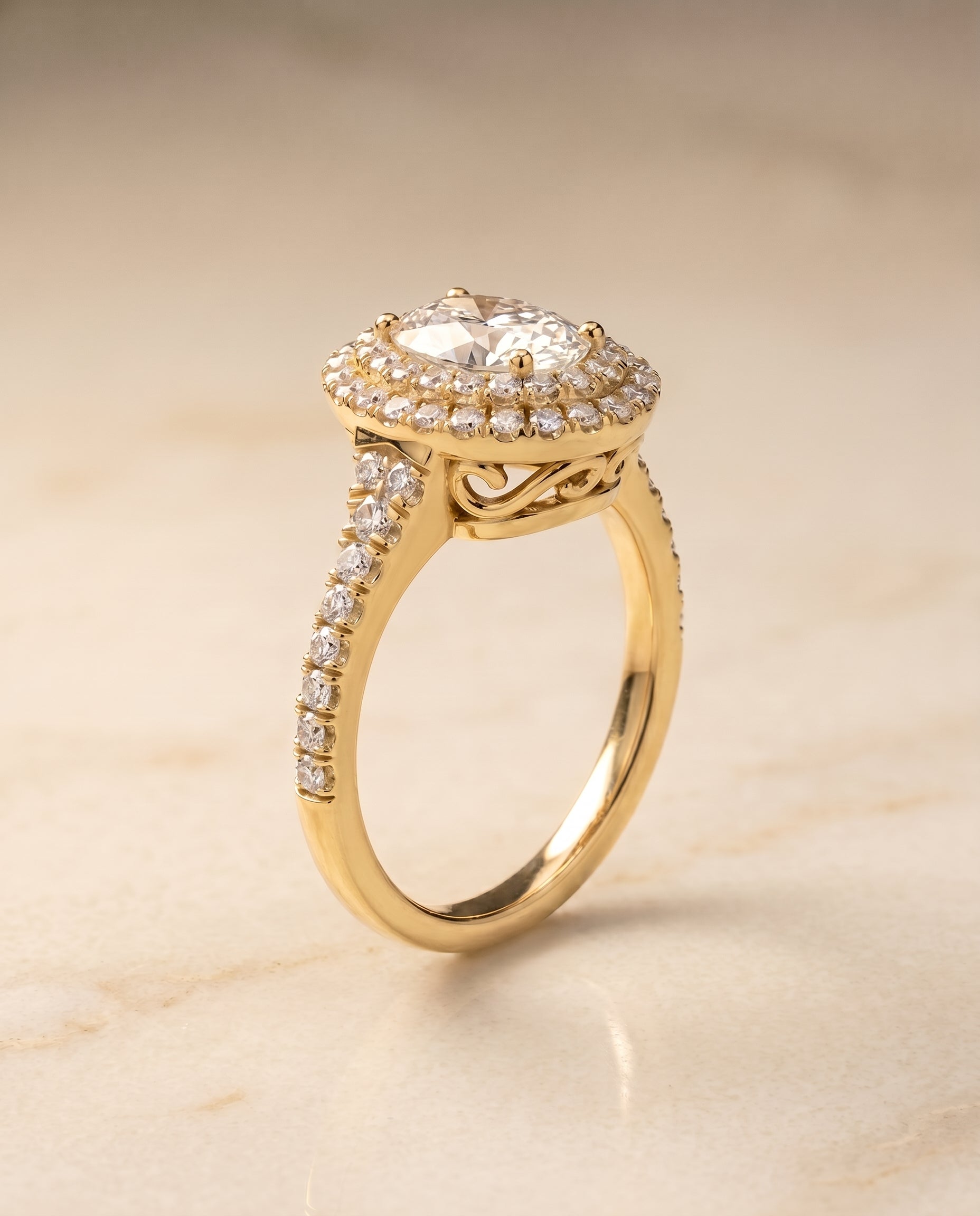 Britney Select Double Halo Oval Lab Diamond Engagement Ring in 18K Yellow Gold, front view | RockHer