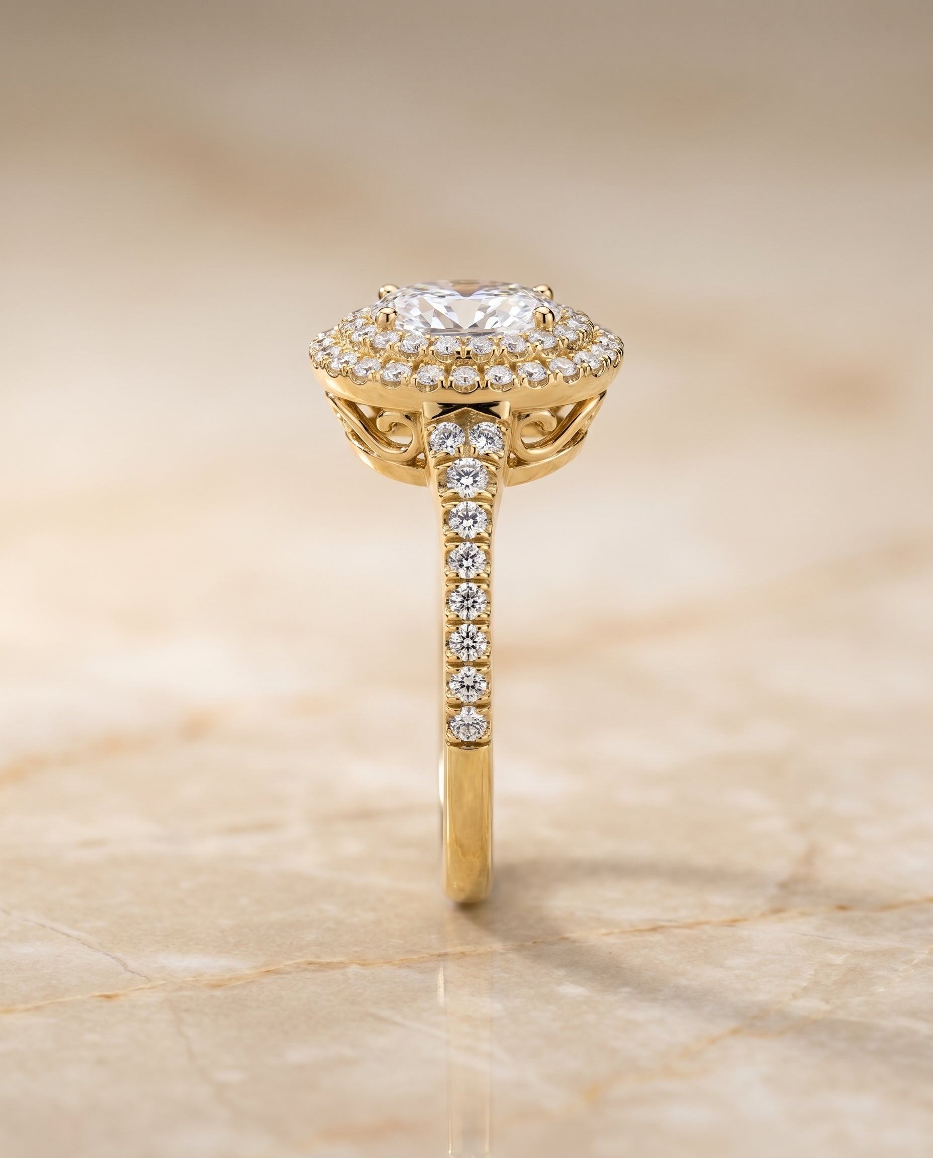 Britney Select Double Halo Oval Lab Diamond Engagement Ring in 18K Yellow Gold, side view | RockHer