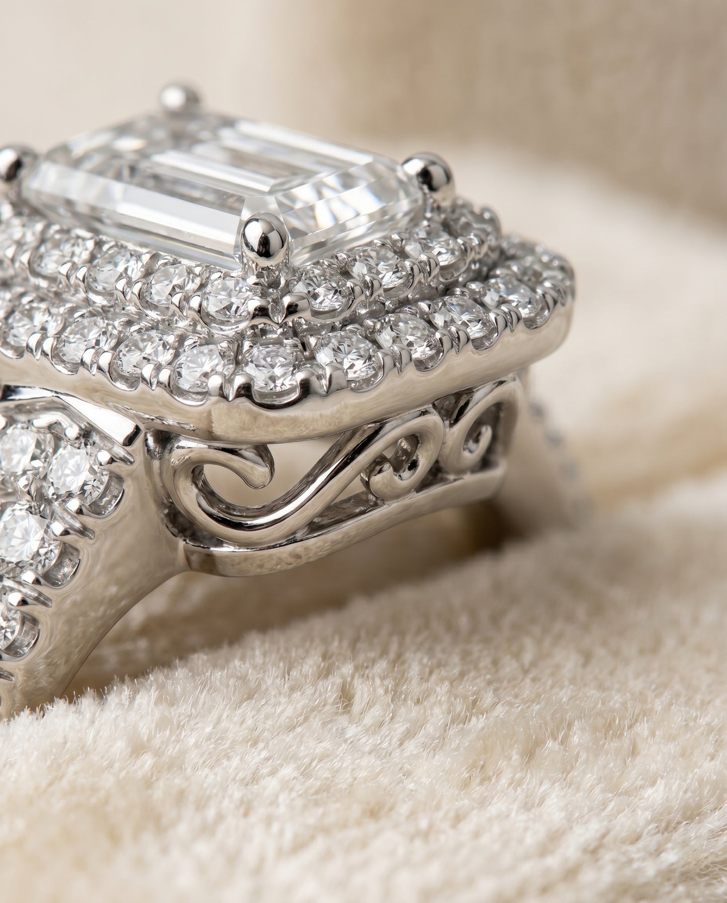 The Britney Double Halo Emerald Cut Engagement Ring Setting in Platinum