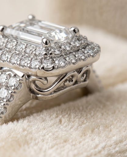 The Britney Double Halo Emerald Cut Engagement Ring Setting in Platinum