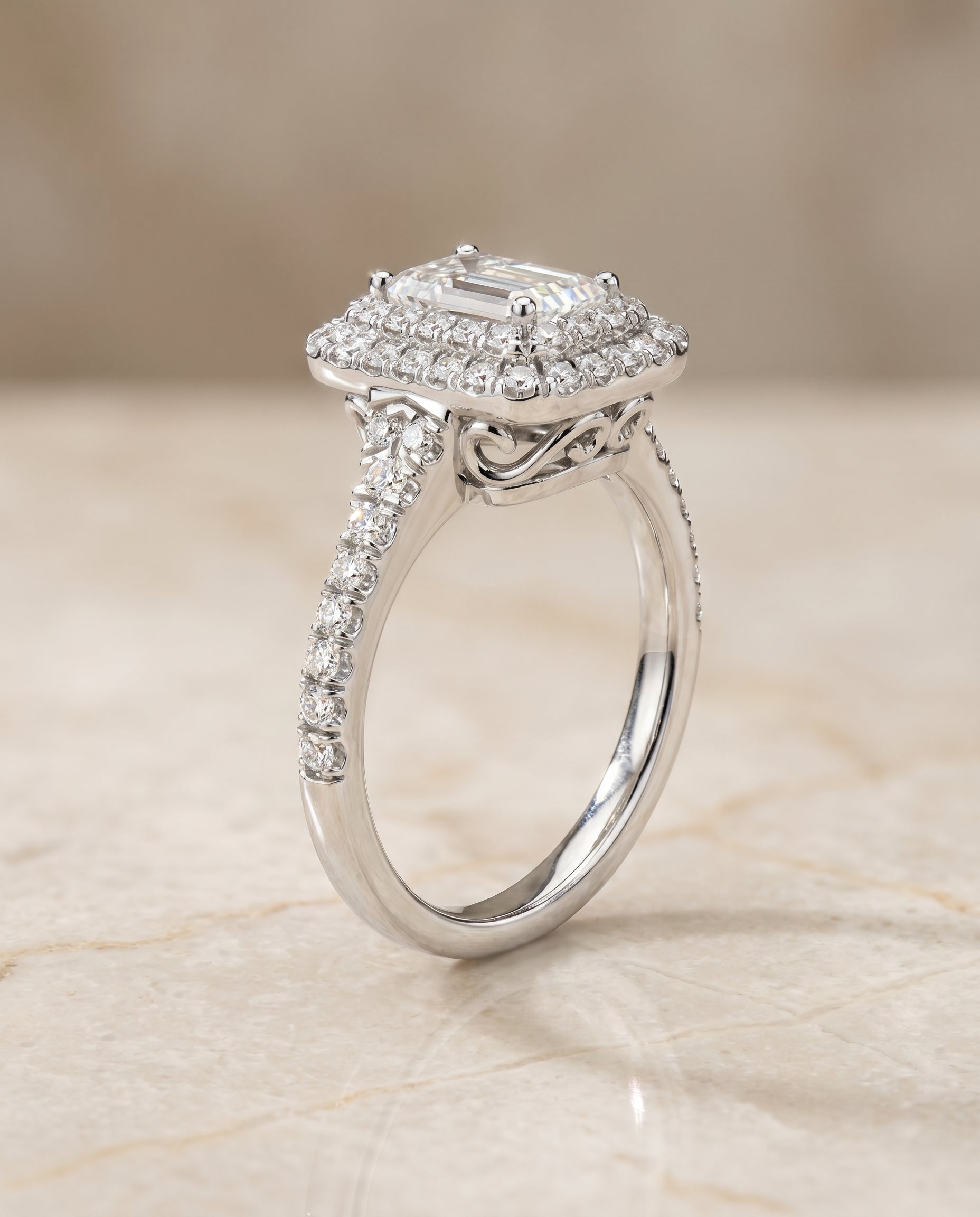 Double Halo Cut styling on The Britney emerald engagement ring setting | RockHer