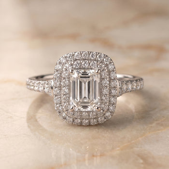 The Britney Double Halo Emerald Cut Engagement Ring Setting in Platinum