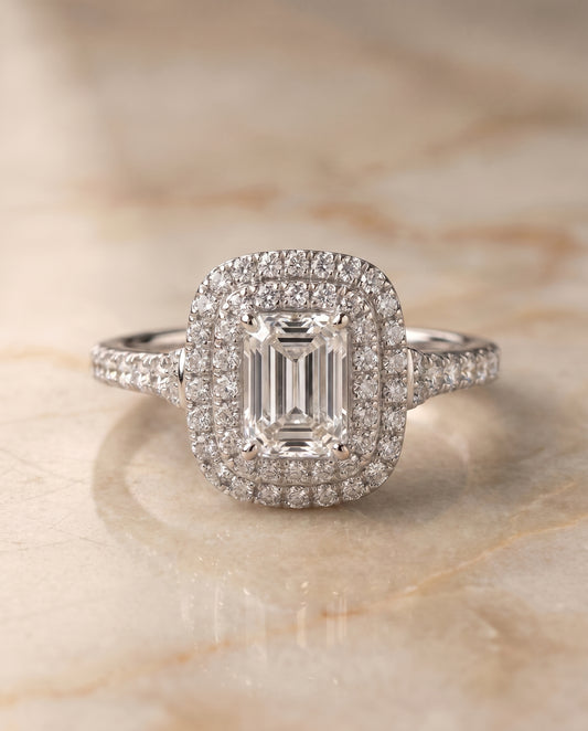 The Britney Halo Engagement Ring Setting for Emerald Cut Diamonds in Platinum