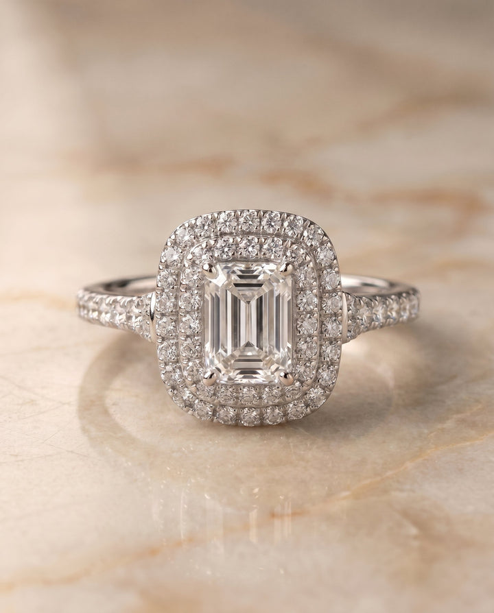 Britney Select Double Halo Emerald Cut Lab Diamond Engagement Ring in Platinum, side view | RockHer