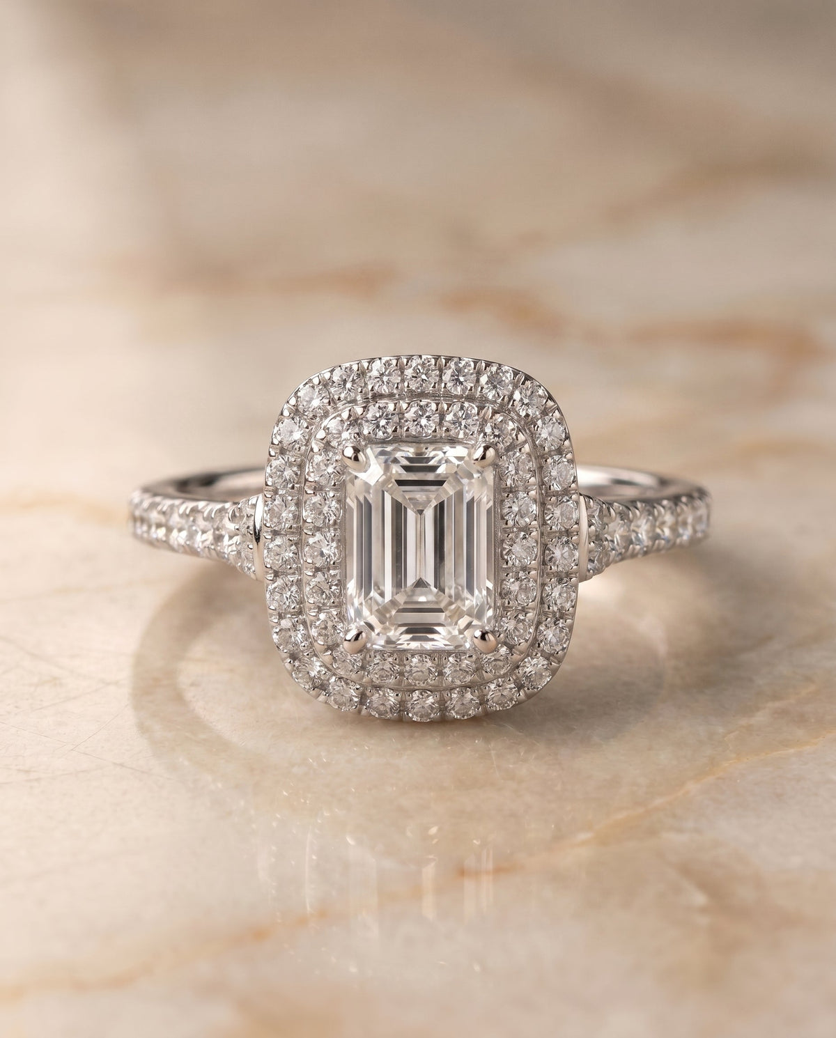 Britney Select Double Halo Emerald Cut Lab Diamond Engagement Ring in 18K White Gold, side view | RockHer