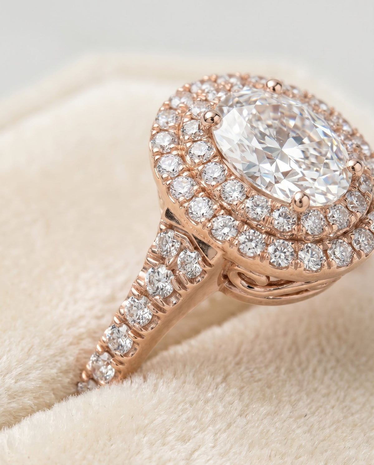 Britney Select Double Halo Oval Lab Diamond Engagement Ring in 14K Rose Gold, detail view | RockHer