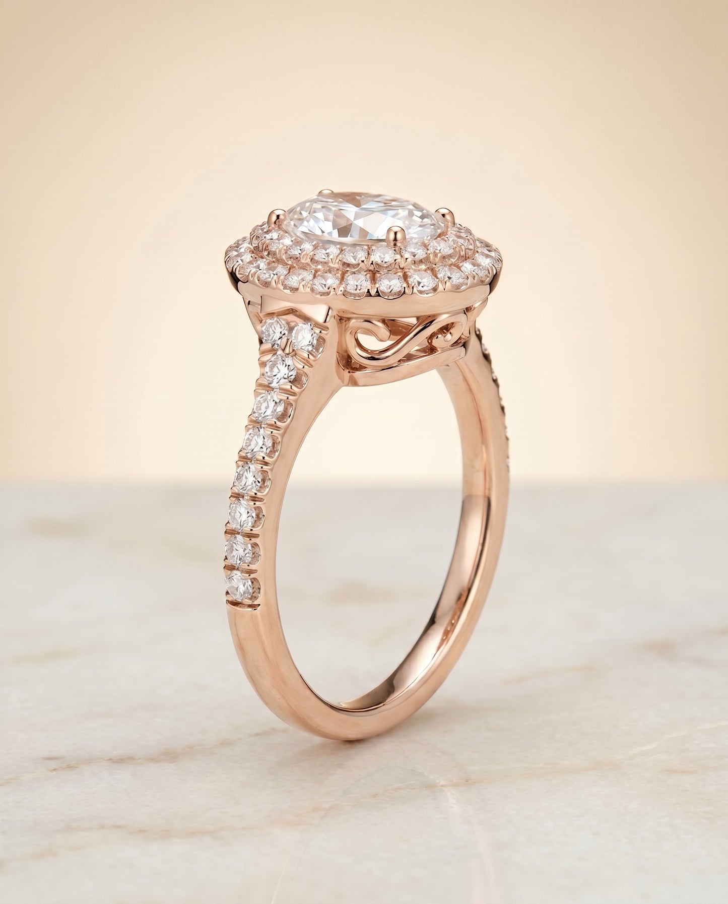 Britney Select Double Halo Oval Lab Diamond Engagement Ring in 14K Rose Gold, front view | RockHer