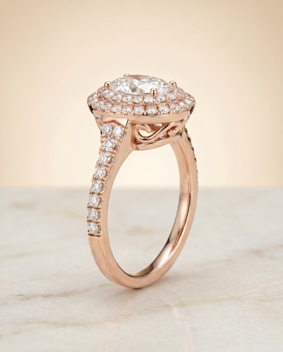Britney Select Double Halo Oval Lab Diamond Engagement Ring in 14K Rose Gold, front view | RockHer