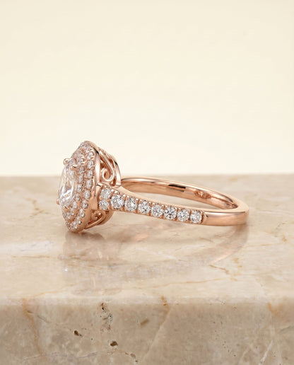 Britney Select Double Halo Oval Lab Diamond Engagement Ring in 14K Rose Gold, side view | RockHer