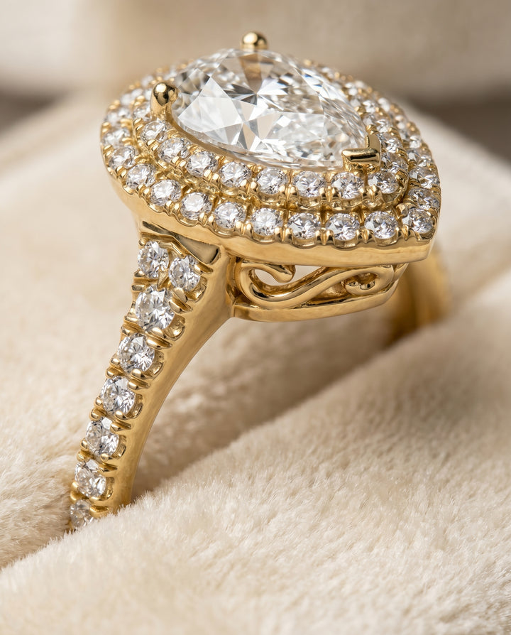 The Britney Double Halo Pear Engagement Ring Setting in 18K Yellow Gold