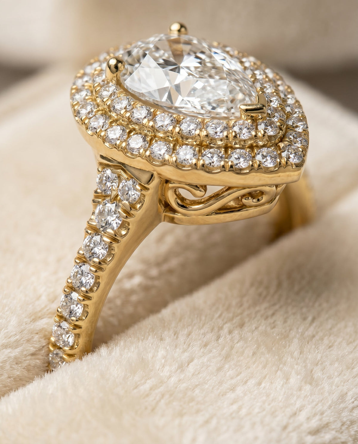 Britney Select Double Halo Pear Lab Diamond Engagement Ring in 18K Yellow Gold, detail view | RockHer
