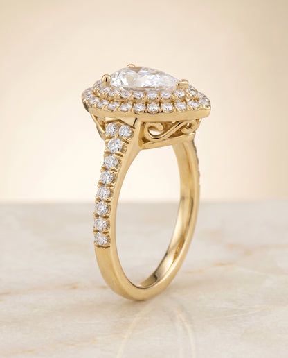The Britney Double Halo Pear Engagement Ring Setting in 18K Yellow Gold