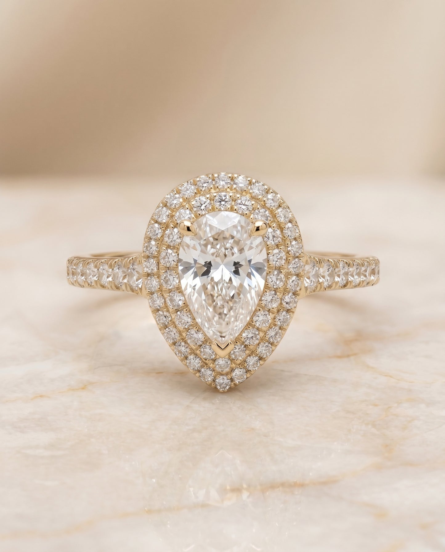 The Britney Double Halo Pear Engagement Ring Setting in 18K Yellow Gold